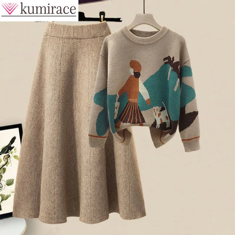 Winter  Cartoon Printed Knitted Sweater Pullover Slim Fit Knitted Skirt Two Piece Elegant Women's Party Dress