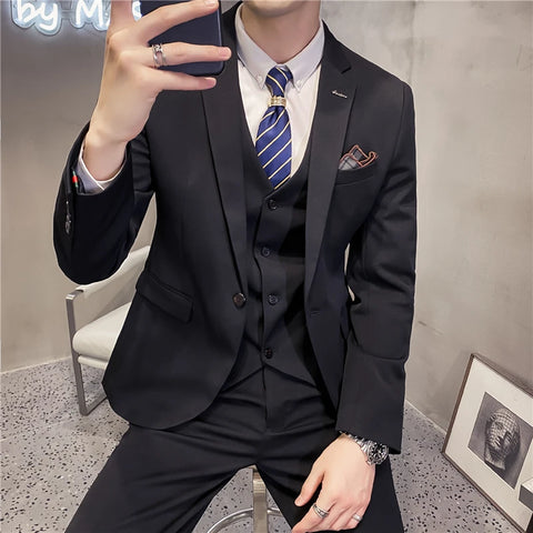 solid color (suit + vest + trousers)  slim-fitting business casual suit bridegroom dress three-piece set