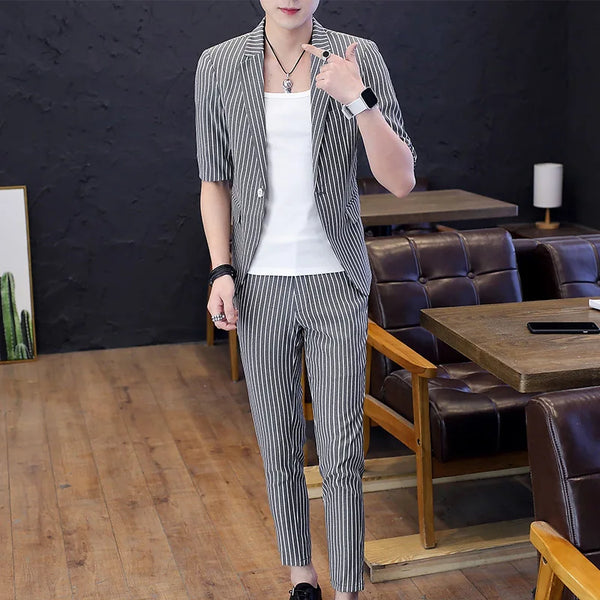high-end men's mid-sleeve suit (Blazer + western pants) trend handsome boutique summer half sleeve Blazer two-piece set