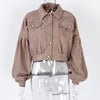 Autumn Winter Corduroy Short Coat Solid Turn-Down Collar Lantern Long Sleeve Jacket Single Breasted Women Clothes Casual