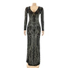 Women Long Sleeve V-neck Rhinestones Slit Back Crystal Bodycon Maxi Dress Sexy Club Party Pencil Evening Long Dress