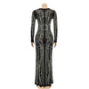 Women Long Sleeve V-neck Rhinestones Slit Back Crystal Bodycon Maxi Dress Sexy Club Party Pencil Evening Long Dress