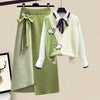 3 Pieces Female Set Women's Autumn Winter Graceful Bow Shirt+Animal Sheep Knitted Vest+Long Skirts Suit Lady Casual Outfits 2021