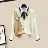 3 Pieces Female Set Women's Autumn Winter Graceful Bow Shirt+Animal Sheep Knitted Vest+Long Skirts Suit Lady Casual Outfits 2021
