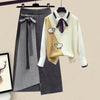 3 Pieces Female Set Women's Autumn Winter Graceful Bow Shirt+Animal Sheep Knitted Vest+Long Skirts Suit Lady Casual Outfits 2021