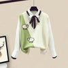 3 Pieces Female Set Women's Autumn Winter Graceful Bow Shirt+Animal Sheep Knitted Vest+Long Skirts Suit Lady Casual Outfits 2021