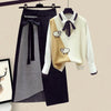 3 Pieces Female Set Women's Autumn Winter Graceful Bow Shirt+Animal Sheep Knitted Vest+Long Skirts Suit Lady Casual Outfits 2021