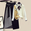 3 Pieces Female Set Women's Autumn Winter Graceful Bow Shirt+Animal Sheep Knitted Vest+Long Skirts Suit Lady Casual Outfits 2021