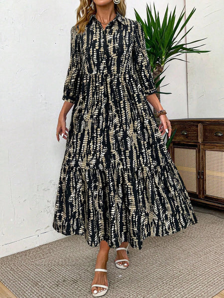 Women's All Over Print Collared 3/4 Sleeve Dress, Elegant Casual Long Dress for Daily Outdoor Wear