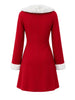 Women Christmas Red Faux Fur V Neck Long Sleeve A Line Swing Dress Year Holiday Outfit
