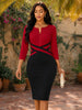 Womens Elegant Patchwork Front Zipper Work Office Knee Length Colorblock Business Casual Party Bodycon Sheath Dress