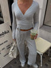 Autumn Winter Loose Pants Leisure Suit Women Flare Sleeve Crop Cardigan Top Lace-up Solid 2 Piece Set Outfit