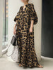 Leopard Printed Women's Maxi Dress Vacation Spring Puff Sleeve Long Vestidos Casual V Neck Robe Oversize