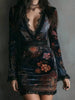 Womens Long Sleeve Velvet Floral Print Lace Trim Deep V Bodycon Mini Dress