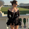 Women's A-Line Bodycon Mini Dress Ruffle Hem V-Neck Asymmetrical Buttons Long Sleeve Short Dress Party Streetwear Outfits