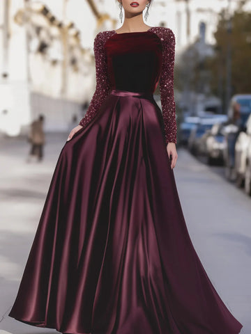 Women's Elegant Velvet Sequin Sleeve Gown with Satin Skirt Formal Evening Maxi Dress for Party Prom Wedding Guest