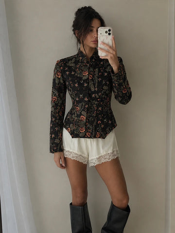 Elegant Women Floral Print Stand-Collar Cropped Jacket Vintage Autumn Female Long Sleeve Skirt Hem Slim Blazer Streetwear