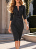 Women Elegant Business V Notch Neck 3/4 Sleeve Autumn Office Work Knee Length Bodycon Dress Geometric Print Patchwork Slim Fit
