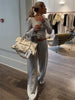 Autumn Winter Loose Pants Leisure Suit Women Flare Sleeve Crop Cardigan Top Lace-up Solid 2 Piece Set Outfit