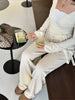 Autumn Winter Loose Pants Leisure Suit Women Flare Sleeve Crop Cardigan Top Lace-up Solid 2 Piece Set Outfit