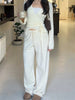 Autumn Winter Loose Pants Leisure Suit Women Flare Sleeve Crop Cardigan Top Lace-up Solid 2 Piece Set Outfit