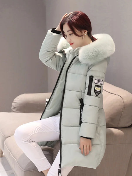 Winter Warm Fur Collar Hooded Women Parka Comfortable Zipper Pockets Design Long Jacket Elegant Slim Thick Female Coats
