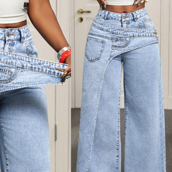 Patchwork Denim Pant Women Jeans Vintage Wide Leg High Waist Straight Y2k Irregular Streetwear Splice Loose Trousers