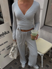 Autumn Winter Loose Pants Leisure Suit Women Flare Sleeve Crop Cardigan Top Lace-up Solid 2 Piece Set Outfit