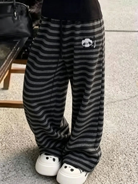 Harajuku Cartoon Embroidery Pants Women Kawaii Striped Loose Korean Trouser Shorts Y2K Subculture Vintage Female Wide Leg Pants