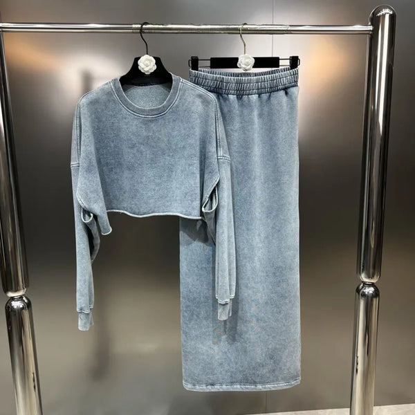 Absgd  Spring Round Neck Hollow Out Blue Denim Top Elastic Waist Long Skirt Two Piece Set Women Outfits  Traf Zara