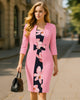 Womens Elegant Floral Patchwork Bow Tie 2/3 Sleeve Work Office Knee Length Business Casual Party Bodycon Sheath Dress
