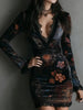 Womens Long Sleeve Velvet Floral Print Lace Trim Deep V Bodycon Mini Dress