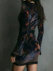 Womens Long Sleeve Velvet Floral Print Lace Trim Deep V Bodycon Mini Dress