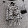 Autumn Winter Black Bird Lattice Long Sleeve Cardigan+Mini Half Lenth Skirt Two Piece Sets  Women Korean Elegant Casual Sets