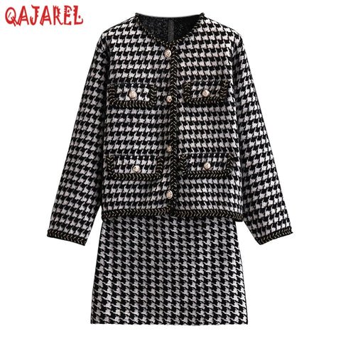 Autumn Winter Black Bird Lattice Long Sleeve Cardigan+Mini Half Lenth Skirt Two Piece Sets  Women Korean Elegant Casual Sets