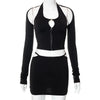 Black Skirt Sets Women Outfits Hollow Out Hook Button Long Sleeve Top Low Waist Mini Skirts Solid Color Two Piece Set for Women