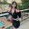 Black Skirt Sets Women Outfits Hollow Out Hook Button Long Sleeve Top Low Waist Mini Skirts Solid Color Two Piece Set for Women