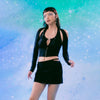 Black Skirt Sets Women Outfits Hollow Out Hook Button Long Sleeve Top Low Waist Mini Skirts Solid Color Two Piece Set for Women