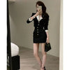 Black Y2k Mini Dress Women Casual Korean Style 2 Piece Dress Set Crop Tops Jacket Coats + Short Skirts Elegant Dress  Autum