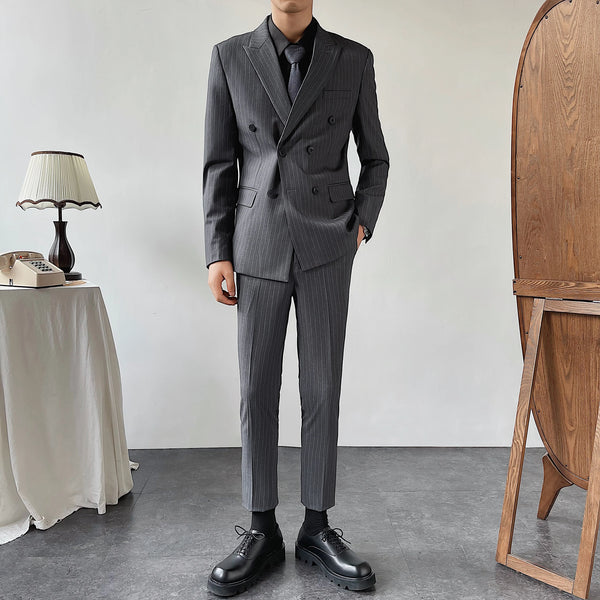 ( Blazer + Pants ) British Gentleman Double-breasted Striped Men's Suit  Korean Version Slim Wedding Party 2 Pcs Set