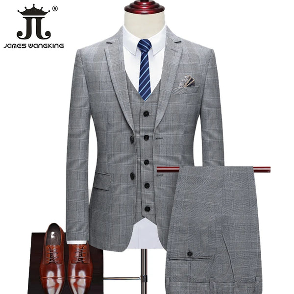 Blazer Vest Pants High-end Brand Boutique  Classic Plaid Houndstooth Mens Formal Office Business Suit Groom Wedding Dress