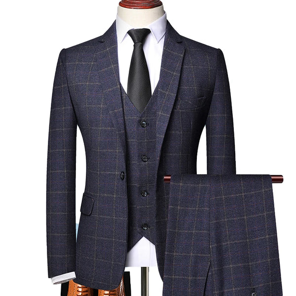 ( Blazer + Vest + Pants ) High-end Brand  Plaid Men's Formal Business Suit 3Pcs Groom Wedding Dress Tuxedo Casual Suit