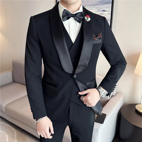 Boutique Men's Suit Set Jacket Trouser Vest Business Casual Men's Wedding Groom Dress Host Banquet Evening Dress Three Piece Set