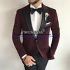 Burgundy Wedding Suits Men Shinny Velvet Satin Black Lapel Grooms Tuxedo Custom Made Single Breasted Coat Pants Design Last