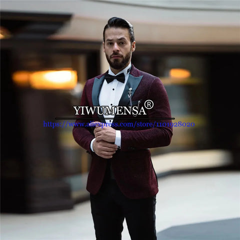 Burgundy Wedding Suits Men Shinny Velvet Satin Black Lapel Grooms Tuxedo Custom Made Single Breasted Coat Pants Design Last