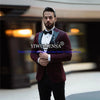 Burgundy Wedding Suits Men Shinny Velvet Satin Black Lapel Grooms Tuxedo Custom Made Single Breasted Coat Pants Design Last