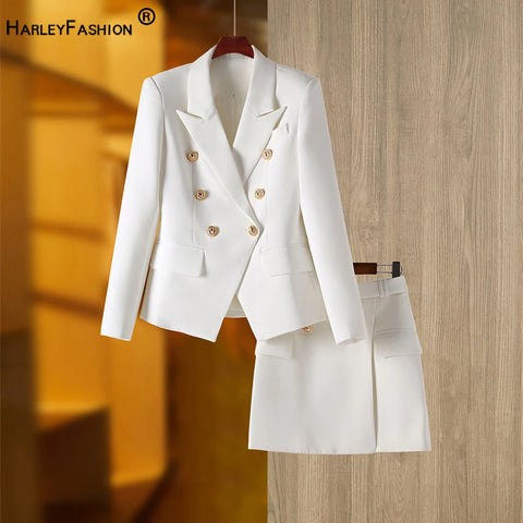 Businesss Lady White Blazer Suits Slim Design Formal Office Women 2Pcs Skirt Sets Elegant