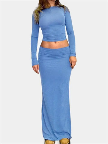 CHRONSTYLE Spring Autumn 2 Pieces Sets Women Outfits Solid Color O-neck Long Sleeve Slim Fit Base T-Shirts Tops Long Skirts 2023