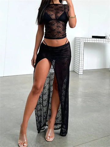 CHRONSTYLE Women Lace Mesh See Through 2pcs Skirts Sets Y2K Backless Lace-up T-shirts Crop Tops Low Waist Split Skirts Clubwear