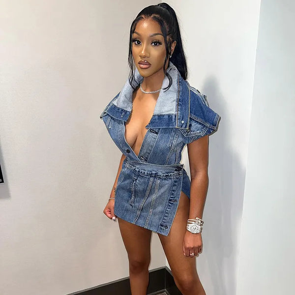 CUTENOVA Women Denim V Neck Tops Mini Skirts Two Piece Matching Sets Outfits Summer Clothes   Items For Business